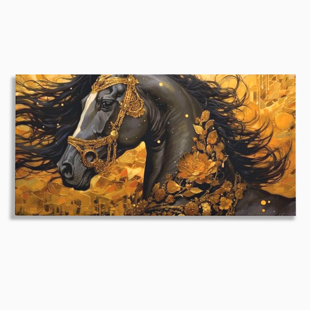 Tablou canvas cu tablou canvas cu armasar negru si ornamente aurii, fara rama, pe sasiu de lemn